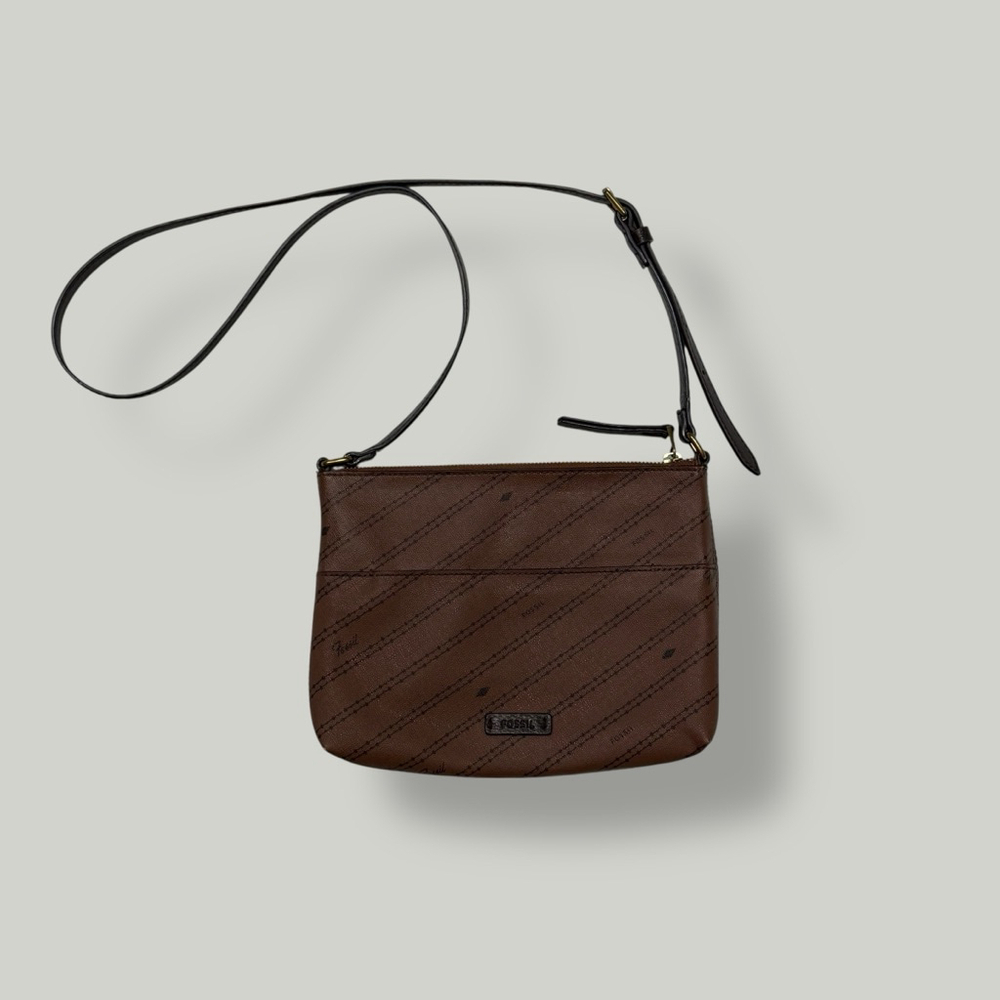 FOSSIL Crossbody Women Bag Brown Fiona Adjustable Strap Stripe Pattern Brass - Picture 2 of 16